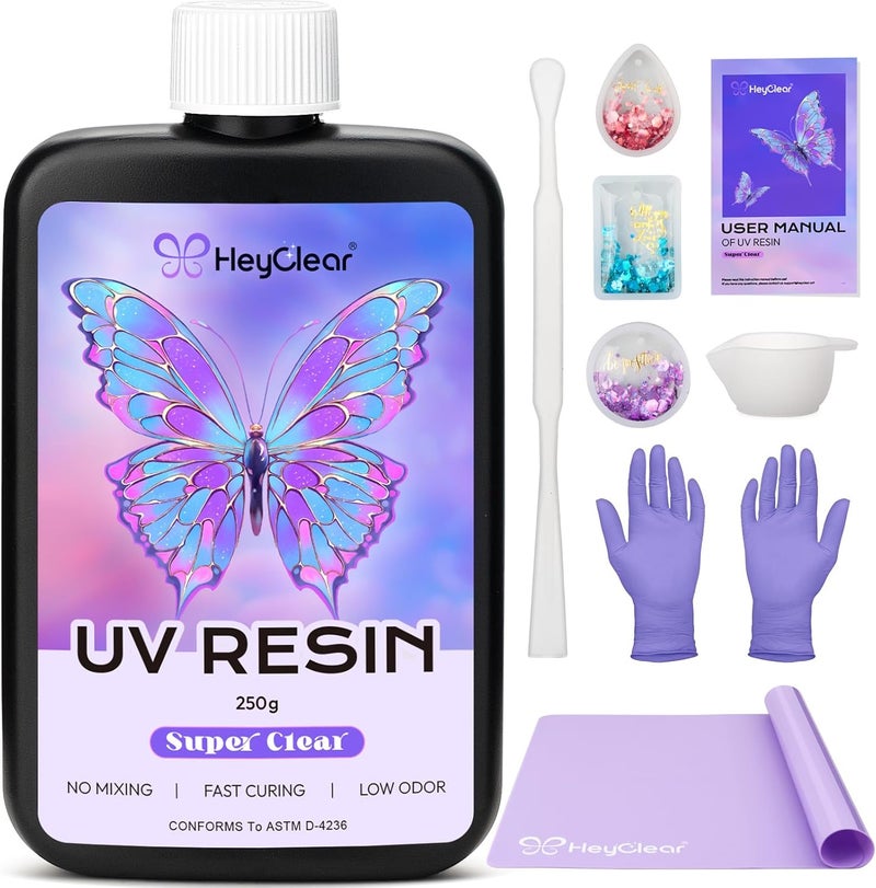 HeyClear 250g UV Resin kit -Crystal Clear, Hard UV Epoxy Resina para Manualidades Fast Curing Glue uv with Silicone Molds, Mat for Beginners Jewelry Making, DIY Crafts Art, Casting Coating - Image 1